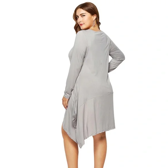 Trapeze Swing Long Sleeve Tunic Dress With Pockets Silver Grey - Picture 3 of 6